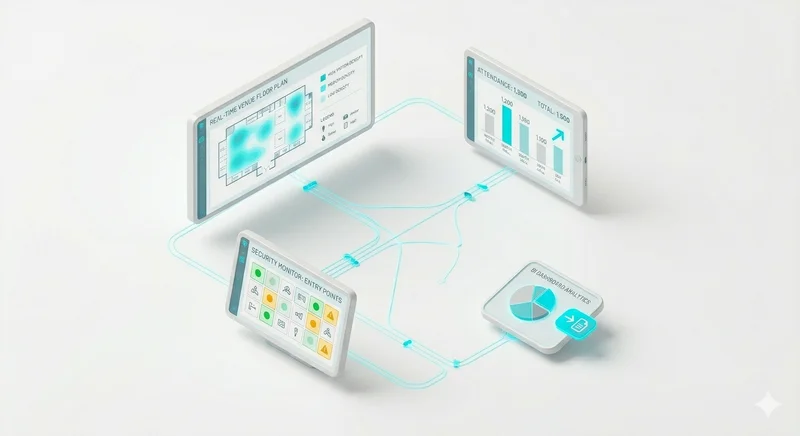 Real-time analytics dashboards: floor plan, attendance, security monitor, performance