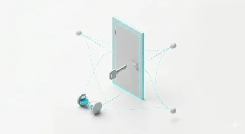 A closed door with a floating key frozen mid-air — hesitation at the threshold of change