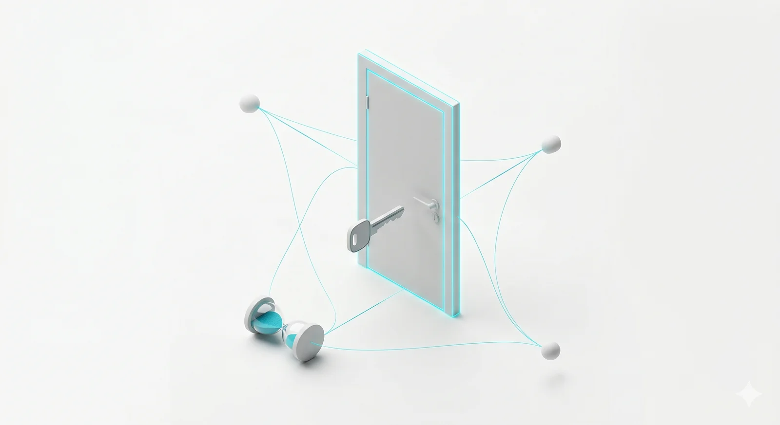 A closed door with a floating key frozen mid-air — hesitation at the threshold of change